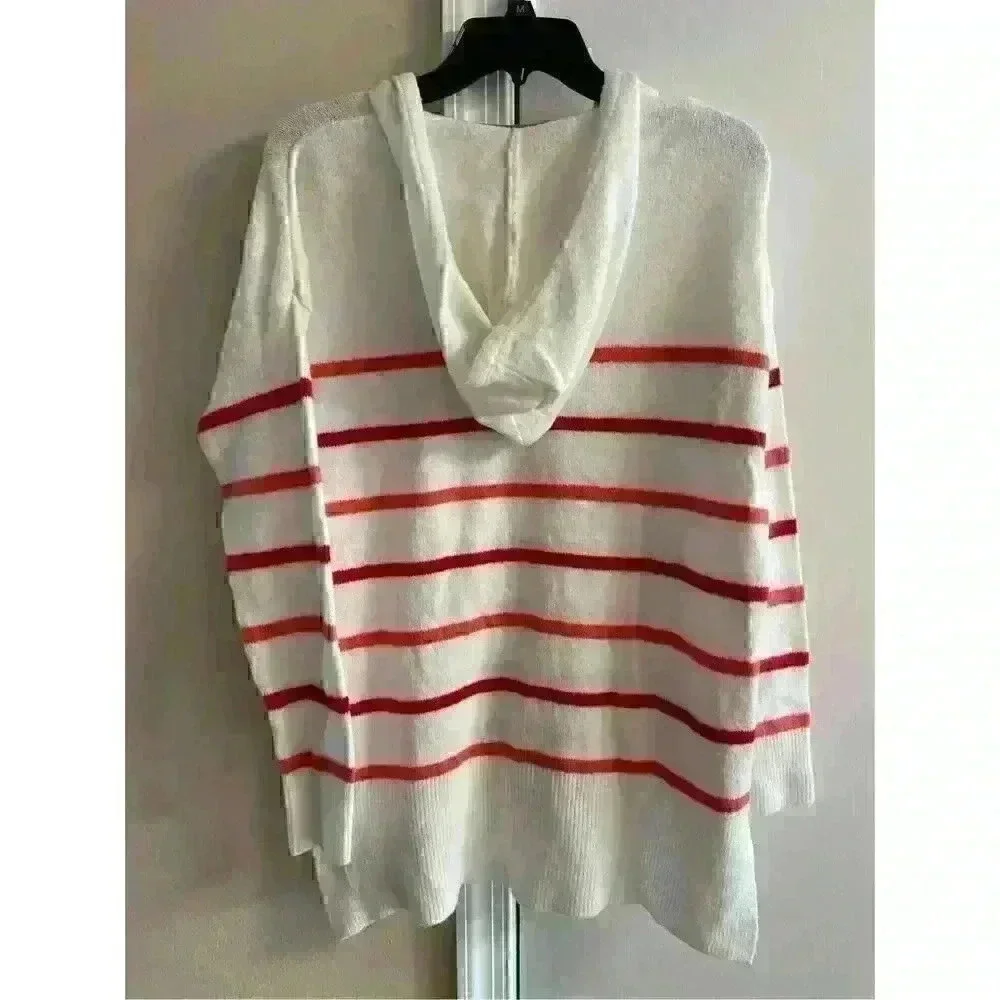 Rachel Zoe White Red Striped Hooded V‎ Neck Pullover Sweater Small